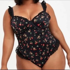 Torrid Black Bodysuit with Cherry Print and Ruffle Details, NWT, Size 4X / 26